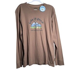 NWT Life Is Good Take The High Road Mountain T Shirt Adult M Brown Mens H19